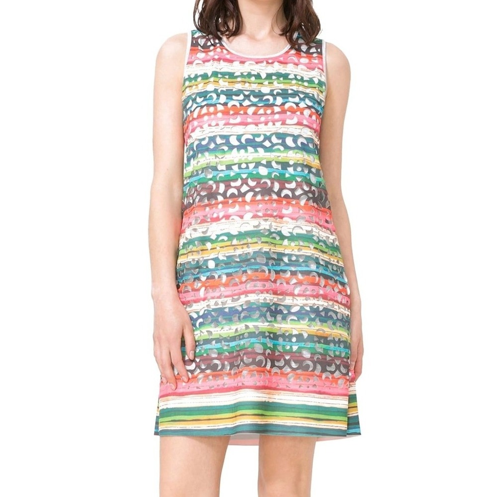 Desigual Multi Color Striped Laser Cut Sleeveless Shift Dress Size M Artsy